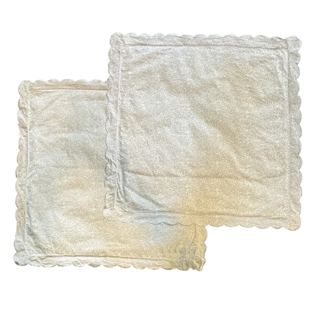 Vintage French Euro Sham Pillowcases Blue White Cotton Scalloped Edge Set
